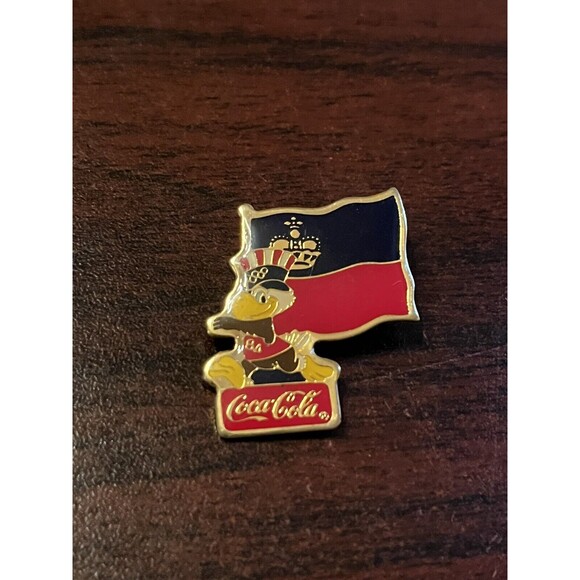 Vintage‎ Los Angeles Olympics Coca Cola Sam Eagle Liechtenstein Flag Lapel Pin - Picture 2 of 3
